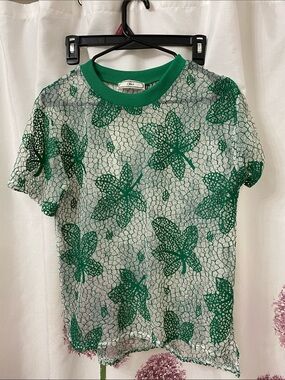 Green Lacey  Embroidered Overlay Sheer Short Sleeve Tee